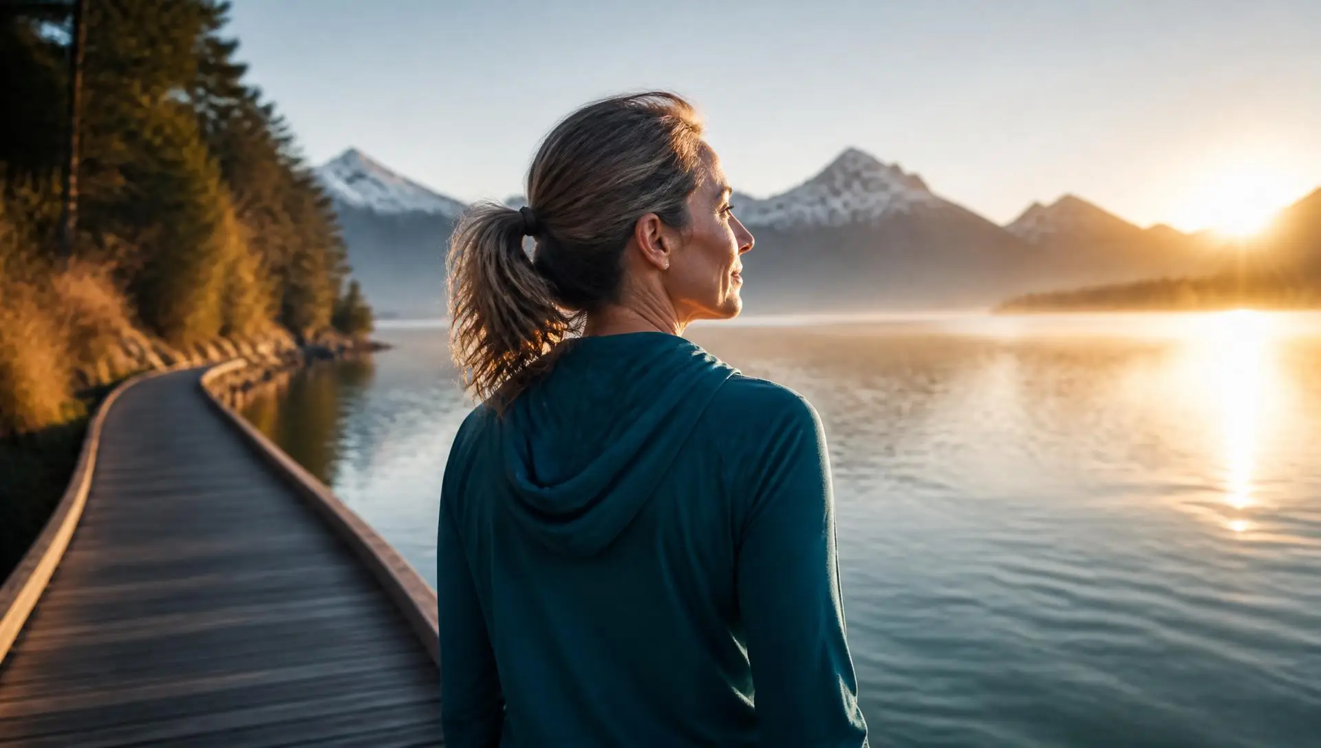 Frau am Bergsee im Morgenlicht atmet tief durch