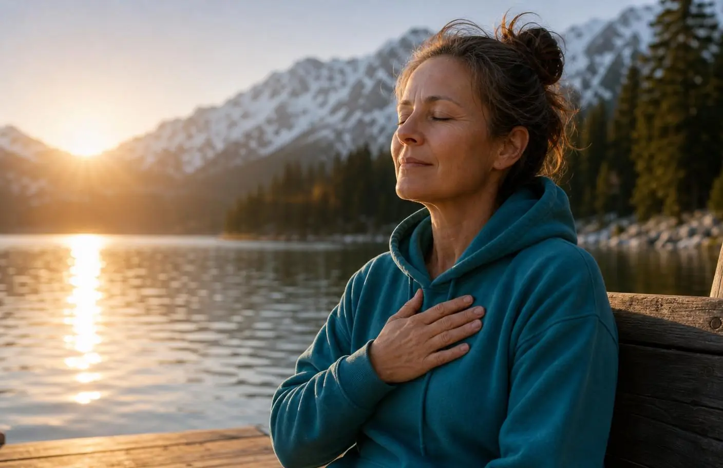 Frau in petrolfarbenem Hoodie atmet tief durch an einem Bergsee im warmen Morgenlicht